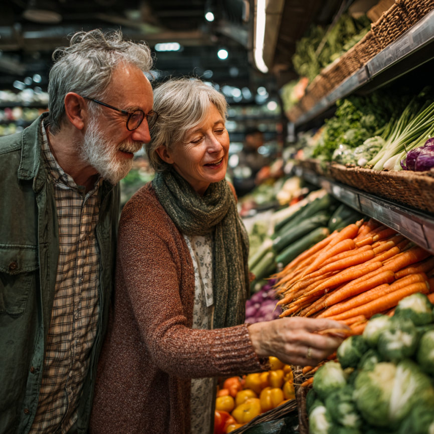 Seniori bucurându-se de o masă sănătoasă și echilibrată